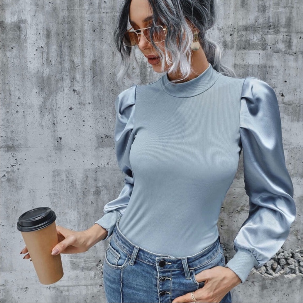 Ribbed satin puff sleeve blouse-Baby blue - Picture 3 of 14